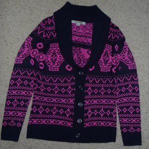 Knitted Cardigan Sweater Long Line Cardigan Holiday Pattern Pink & Navy, Small